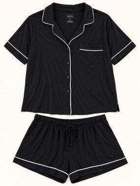 Auden Medium Black White Piping Short Sleeve Top Shorts Pajama Set